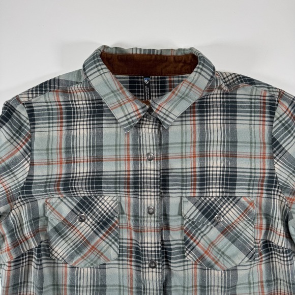KUHL Tess Corduroy Trim L/S Flannel Shirt Womens Small Snap Front Green Plaid - Picture 4 of 13